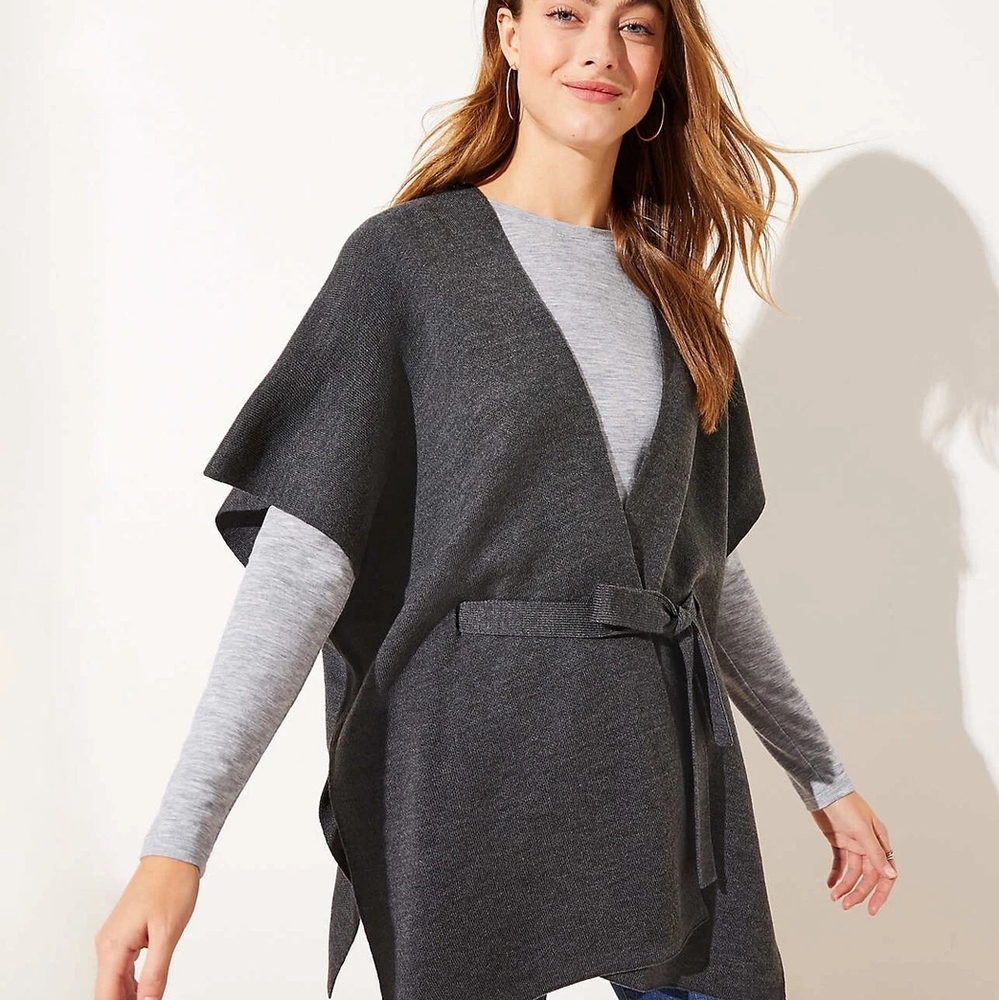 Women's LOFT Charcoal Heather Gray Open Belted Knit Wrap Sweater XS/S, NWT